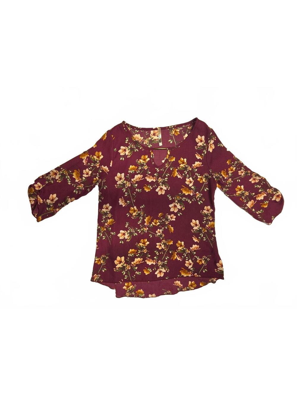 New Mode USA Plum Purple Floral 3/4 Sleeve Blouse Top Hardware Keyhole Size S